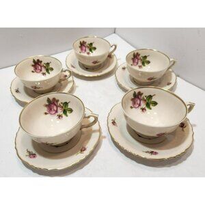 Vtg Syracuse China Victoria Rose Federal Shape Footed Teacups & Saucers Set of 5